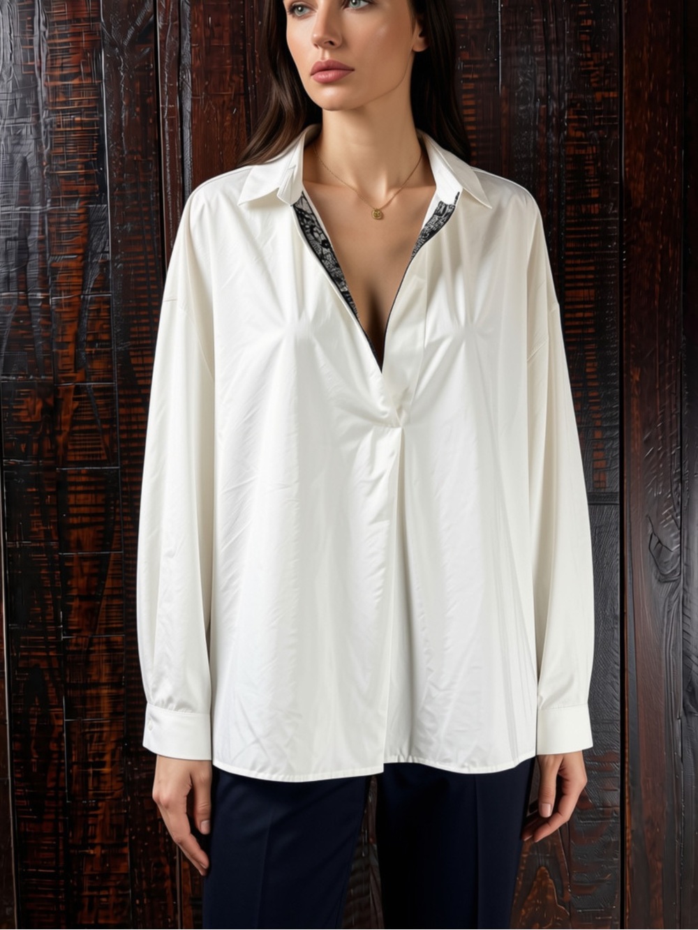 The Korner Women’s Creamy White Satin Oversized Blouse with Black Lace